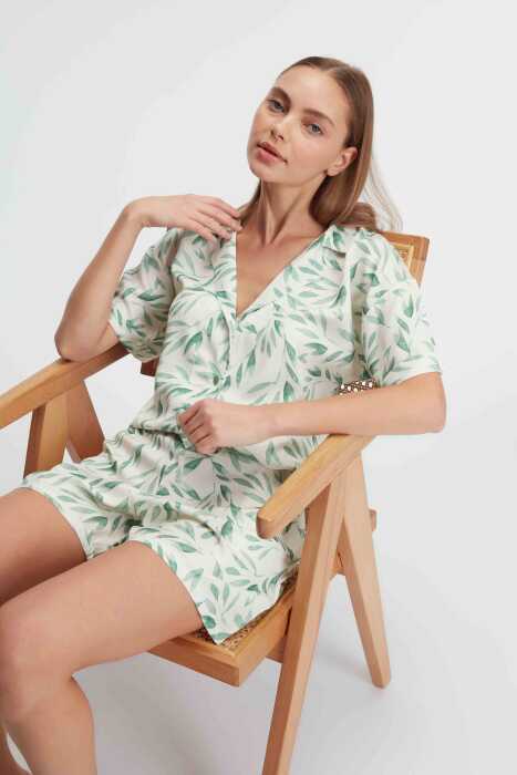 Anıl 9876 Ev Giyimi Kısa Kol V Yaka Kadın Viskon Tropikal Yazlık Örme Normal Bel MİNİ Pijama Takımı - 2