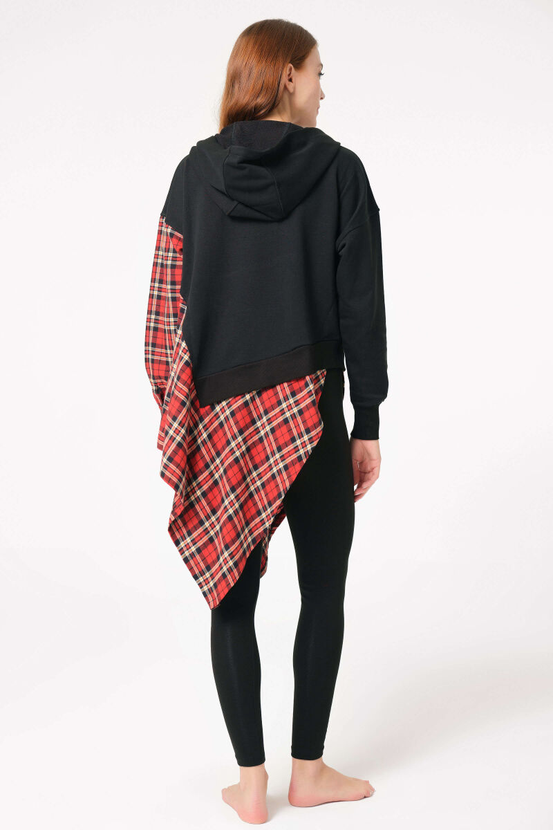 Kadın Pamuklu Ekose Kapüşonlu Uzun Kol Sweatshirt ve Tayt Takım (9748) - 3