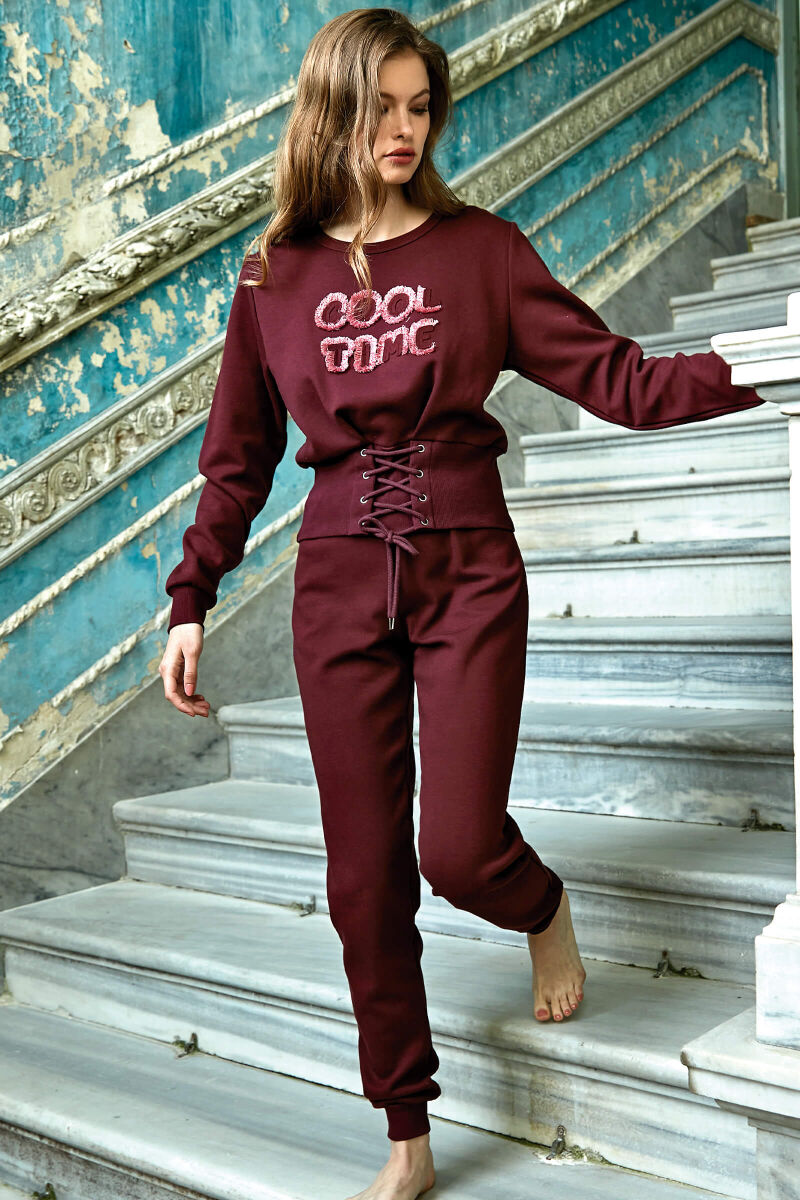 Kadın Pamuklu Göğüs İşlemeli Bel Detaylı Uzun Kollu Sweatshirt ve Pantolon Pijama Takım (9752) - 2