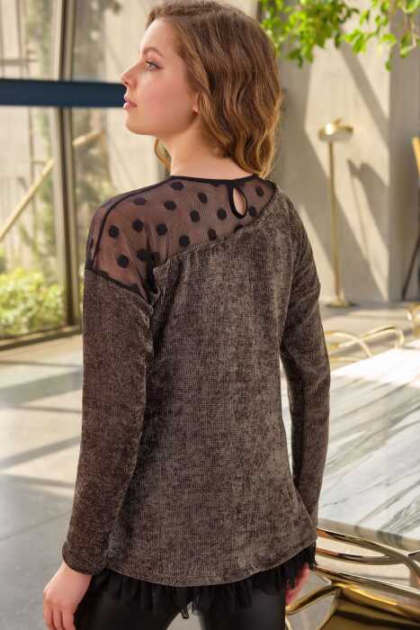 Kadın Puantiyeli Tüllü Uzun Kollu Sweatshirt ve Deri Görünümlü Tayt Takım (9739) - 2