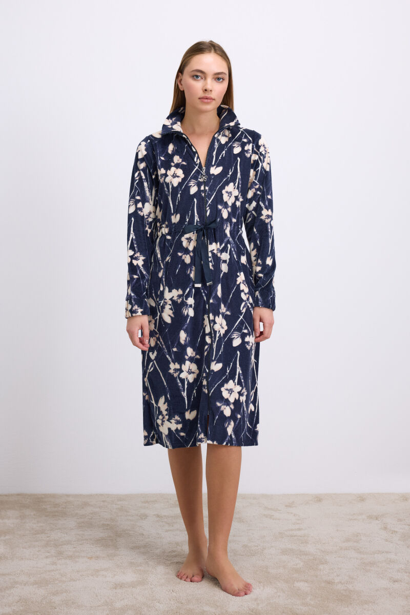 Anil Kadın Çiçek Desenli Fermuarlı Kadife Sabahlık Takımı 11537 - 1