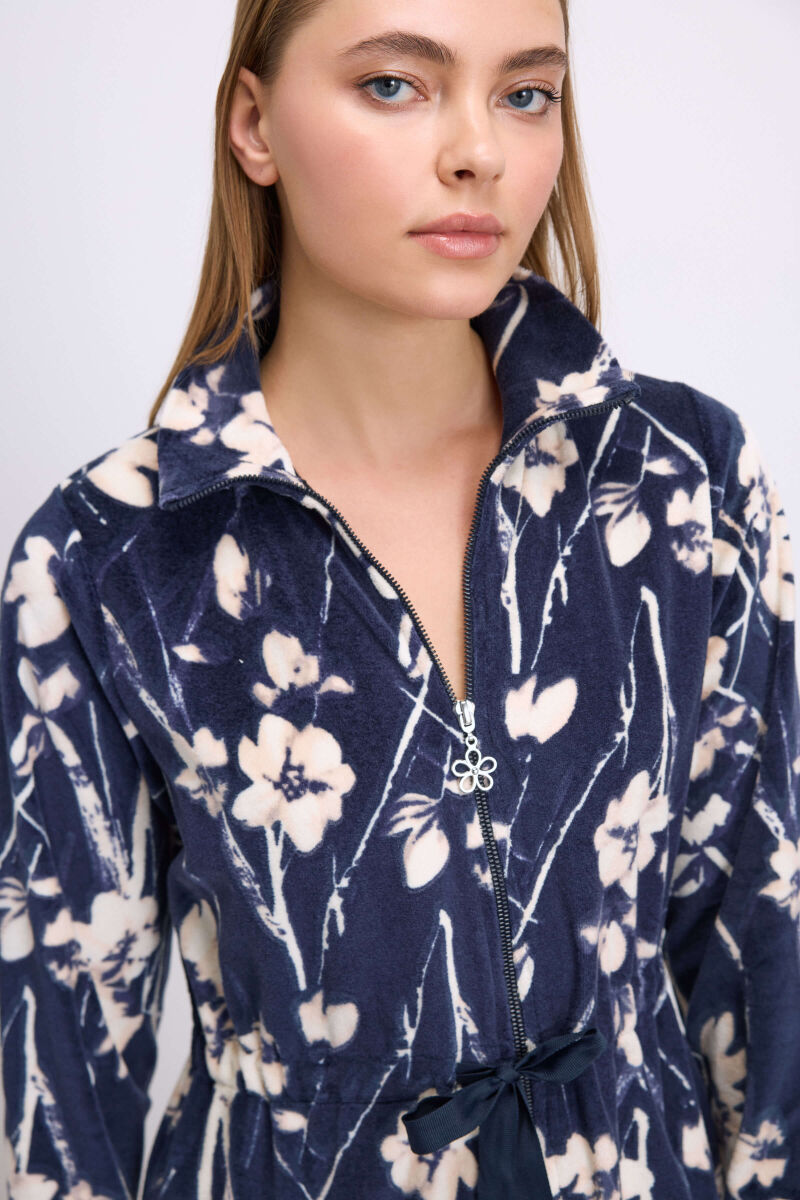 Anil Kadın Çiçek Desenli Fermuarlı Kadife Sabahlık Takımı 11537 - 2