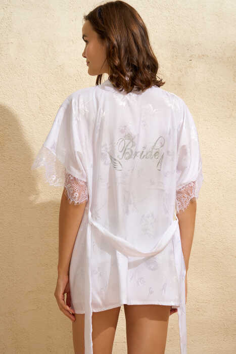 Kadın Saten Bride Baskılı Dantelli Sabahlık Balensiz Desteksiz Dolgusuz Bralet Sütyen ve Şort 3'lü Takım (4777) - 2