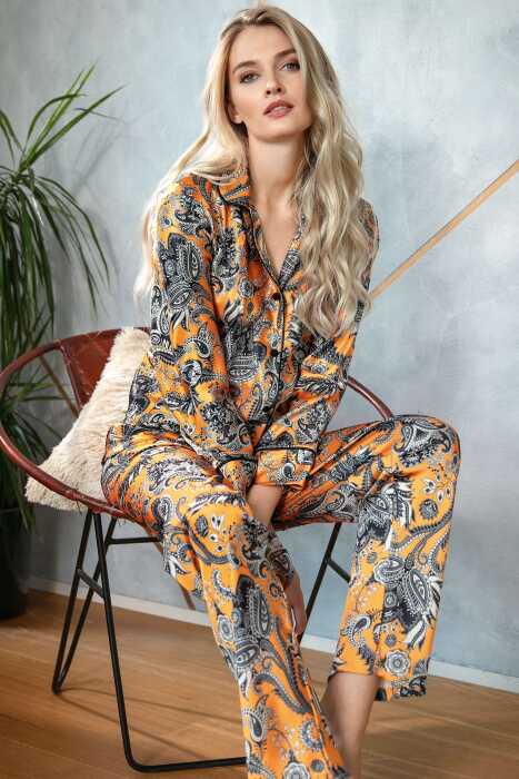 Kadın Saten Çiçek Baskılı Düğmeli Uzun Kol Gömlek ve Pantolon Pijama Takım (9721) 