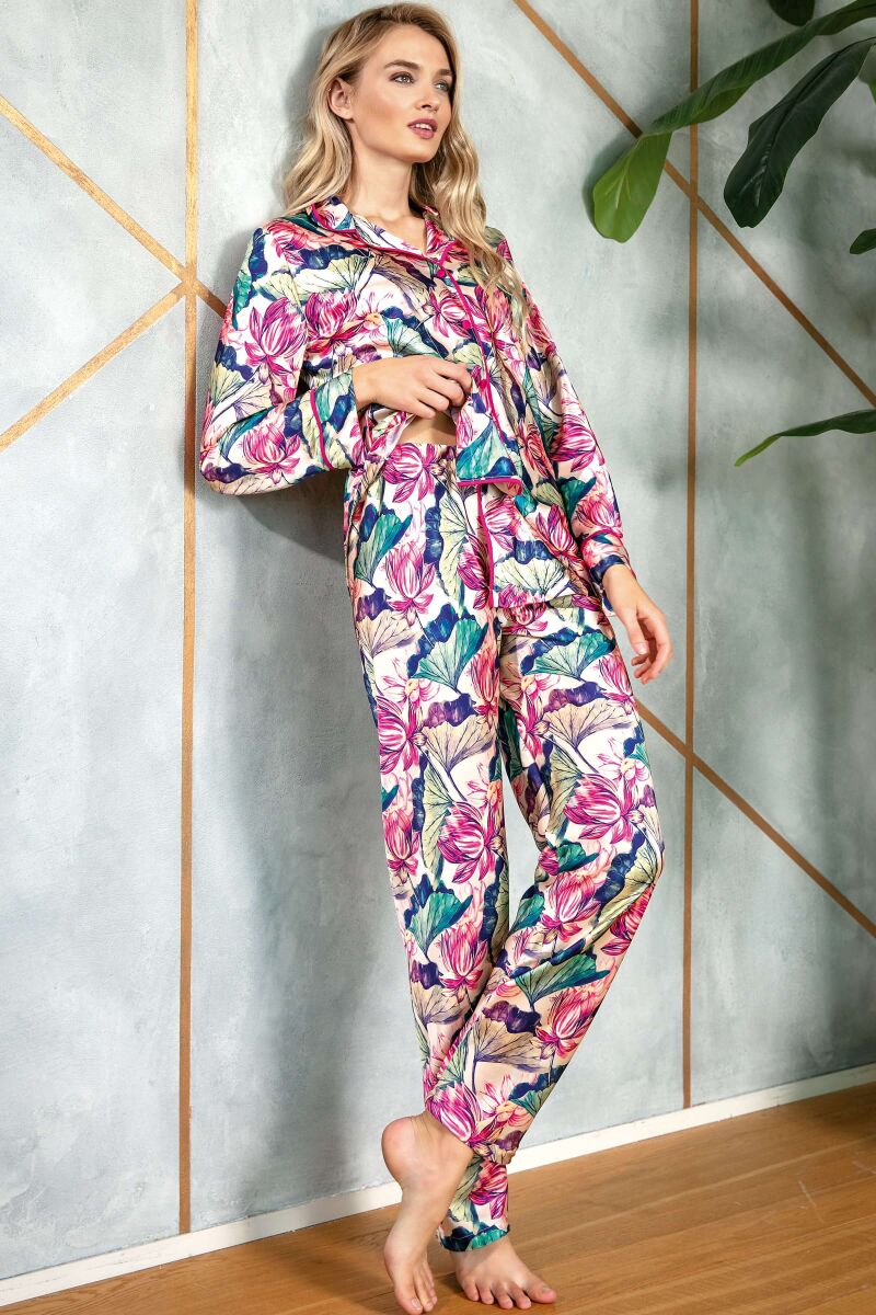 Kadın Saten Çiçek Baskılı Düğmeli Uzun Kol Gömlek ve Pantolon Pijama Takım (9724) - 1