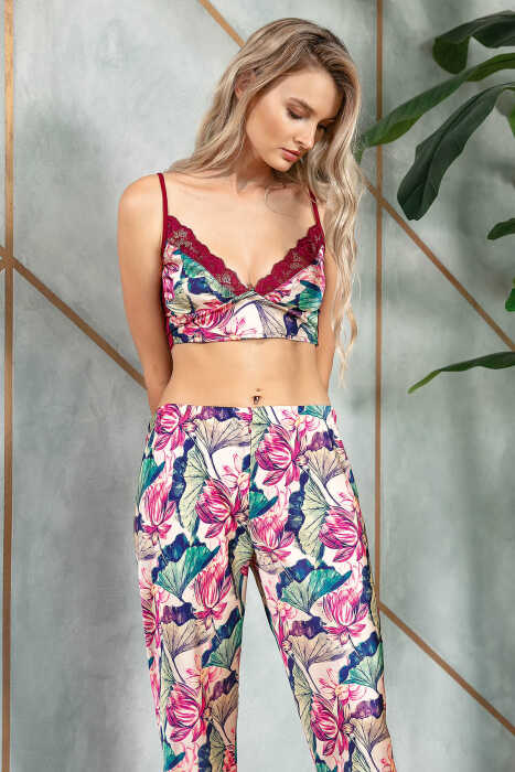 Kadın Saten Çiçek Baskılı Sabahlık Balensiz Desteksiz Dolgusuz Dantelli Bralet Sütyen ve Pantolon Pijama 3'lü Takım (5627) - 3