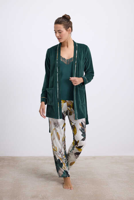 Anıl Kadın Kadife Sabahlık, Dantelli Atlet ve Desenli Pantolon Pijama Takım 11554 - Anil