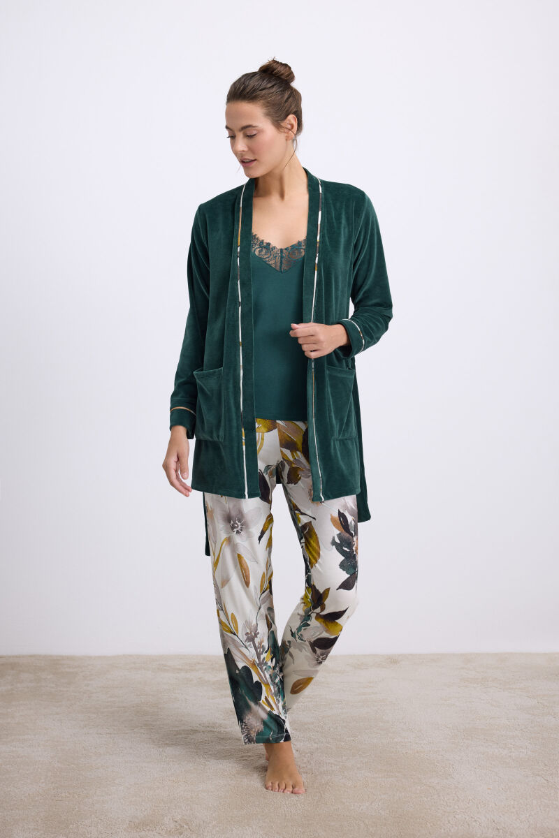 Anıl Kadın Kadife Sabahlık, Dantelli Atlet ve Desenli Pantolon Pijama Takım 11554 - 1