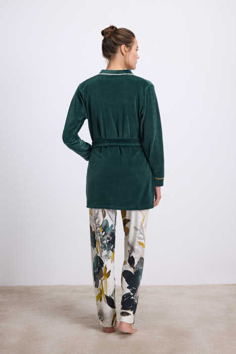 Anıl Kadın Kadife Sabahlık, Dantelli Atlet ve Desenli Pantolon Pijama Takım 11554 - Anil (1)