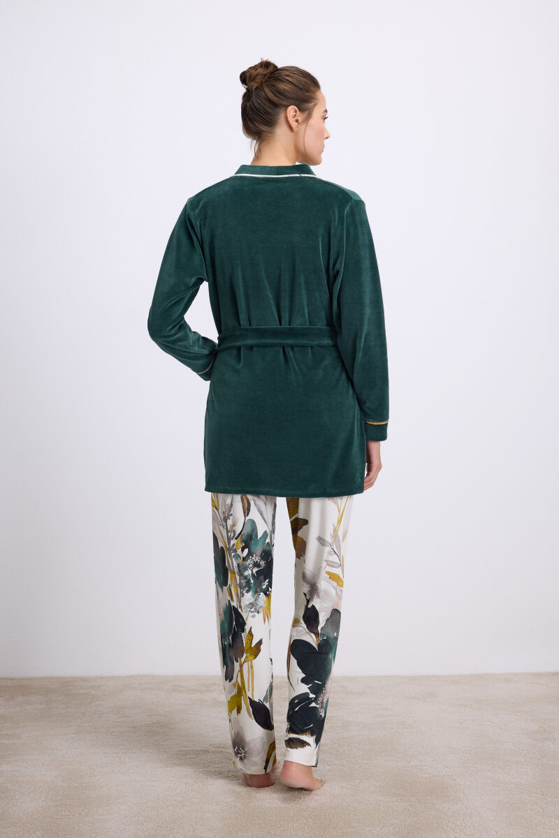 Anıl Kadın Kadife Sabahlık, Dantelli Atlet ve Desenli Pantolon Pijama Takım 11554 - 2