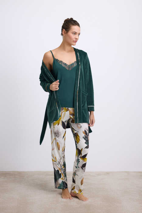 Anıl Kadın Kadife Sabahlık, Dantelli Atlet ve Desenli Pantolon Pijama Takım 11554 - 3