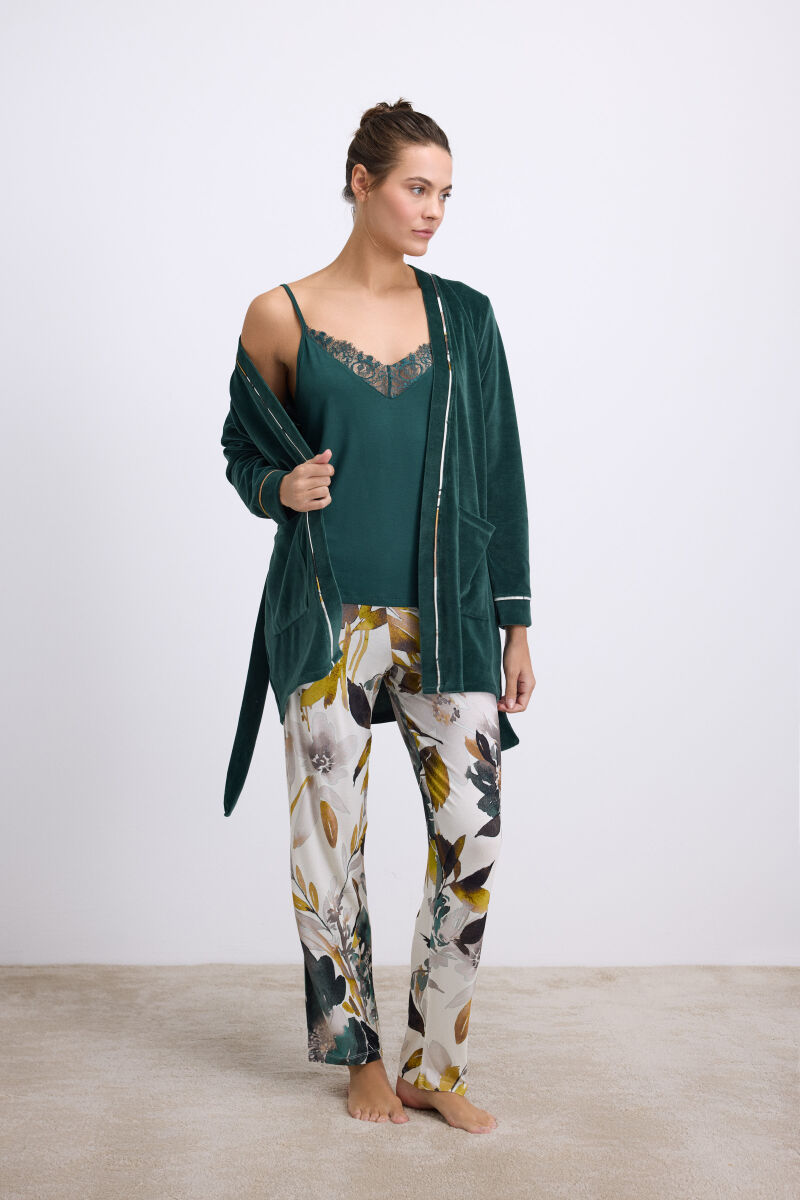 Anıl Kadın Kadife Sabahlık, Dantelli Atlet ve Desenli Pantolon Pijama Takım 11554 - 3