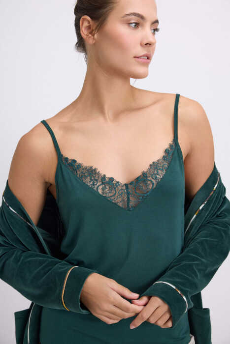 Anıl Kadın Kadife Sabahlık, Dantelli Atlet ve Desenli Pantolon Pijama Takım 11554 - 4