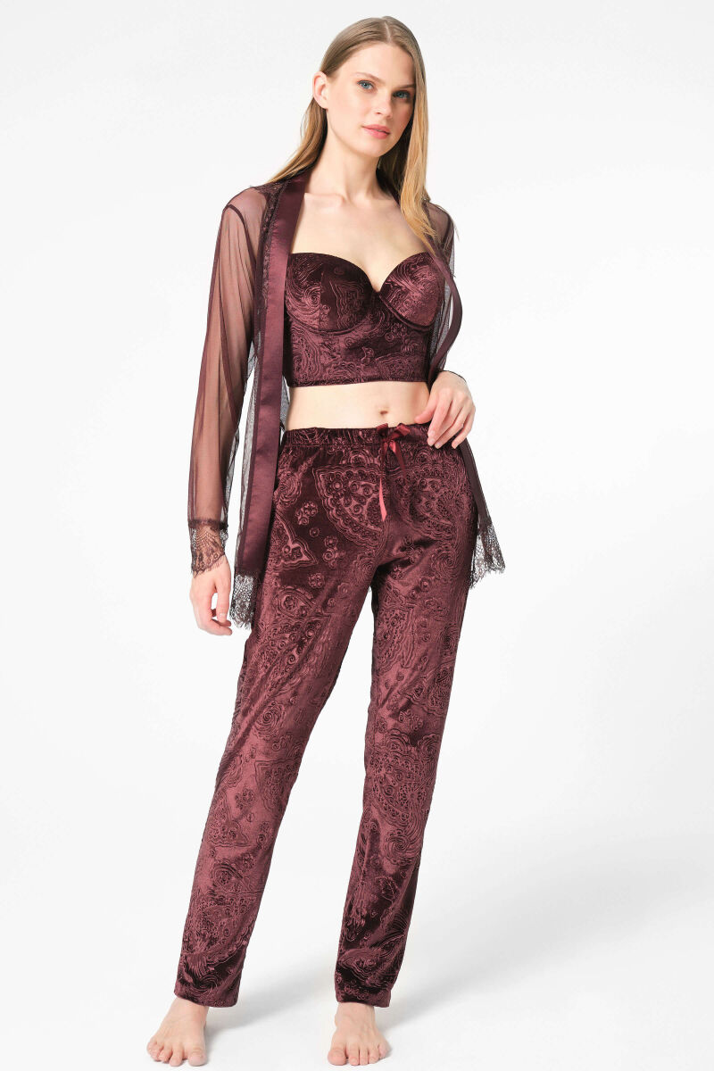 Kadın Tül Dantelli Sabahlık Balenli Destekli Dolgulu Çiçek Baskılı Kadife Büstiyer Sütyen ve Pantolon Pijama 3'lü Takım (5682) - 1