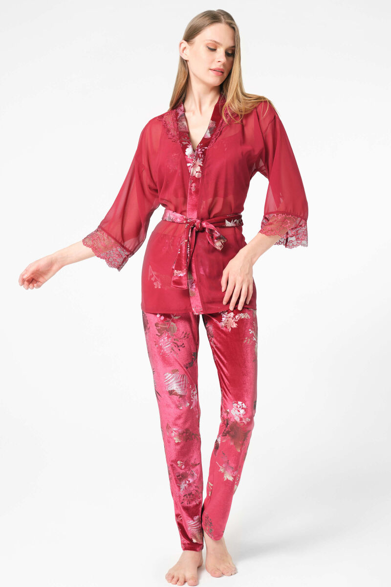 Kadın Tül Dantelli Sabahlık Balenli Destekli Dolgulu Yaka Detaylı Çiçek Baskılı Kadife Büstiyer Sütyen ve Pantolon Pijama 3'lü Takım (5696) - 3