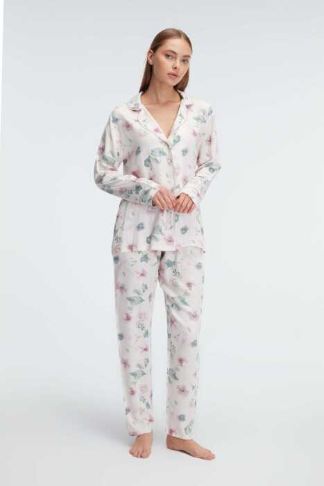 Anıl 11310 Ev Giyimi Kol V Yaka Kadın Viskon Çiçek Desenli Yazlık Dokuma Normal Bel Pijama Takımı - 4