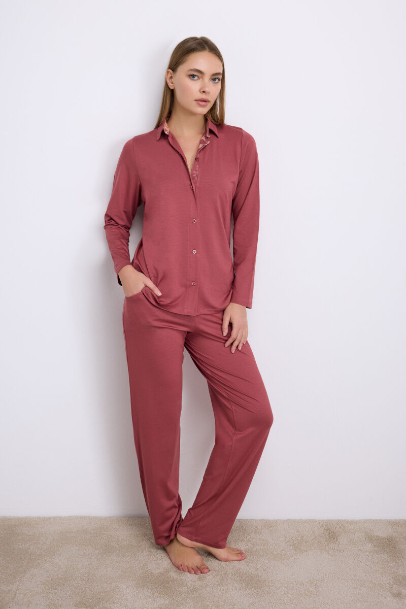 Anıl Kadın Uzun Kollu Düğmeli Gömlek ve Pantolon Pijama Takımı (11556) - 1
