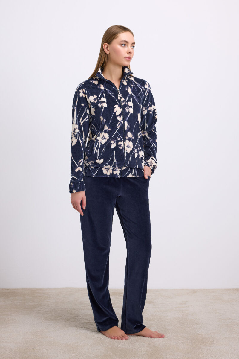 Anemon Kadın Uzun Kollu Çiçek Desenli Fermuarlı Sweatshirt ve Düz Kadife Pantolon Takım 11535 - 1