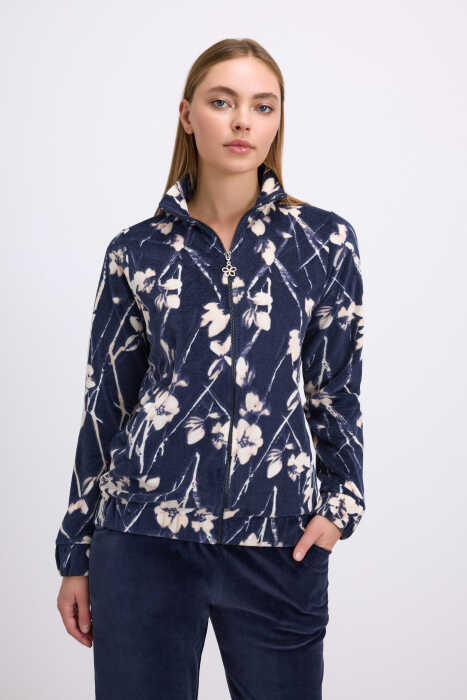 Anemon Kadın Uzun Kollu Çiçek Desenli Fermuarlı Sweatshirt ve Düz Kadife Pantolon Takım 11535 - 3