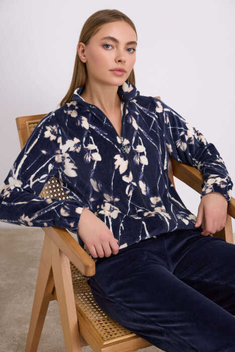 Anemon Kadın Uzun Kollu Çiçek Desenli Fermuarlı Sweatshirt ve Düz Kadife Pantolon Takım 11535 - 4