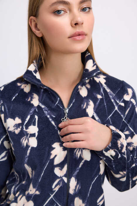 Anemon Kadın Uzun Kollu Çiçek Desenli Fermuarlı Sweatshirt ve Düz Kadife Pantolon Takım 11535 - 5