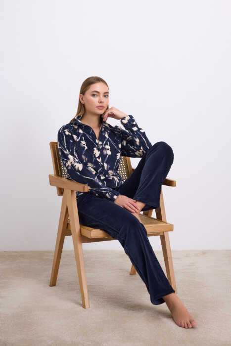 Anemon Kadın Uzun Kollu Çiçek Desenli Fermuarlı Sweatshirt ve Düz Kadife Pantolon Takım 11535 - 6