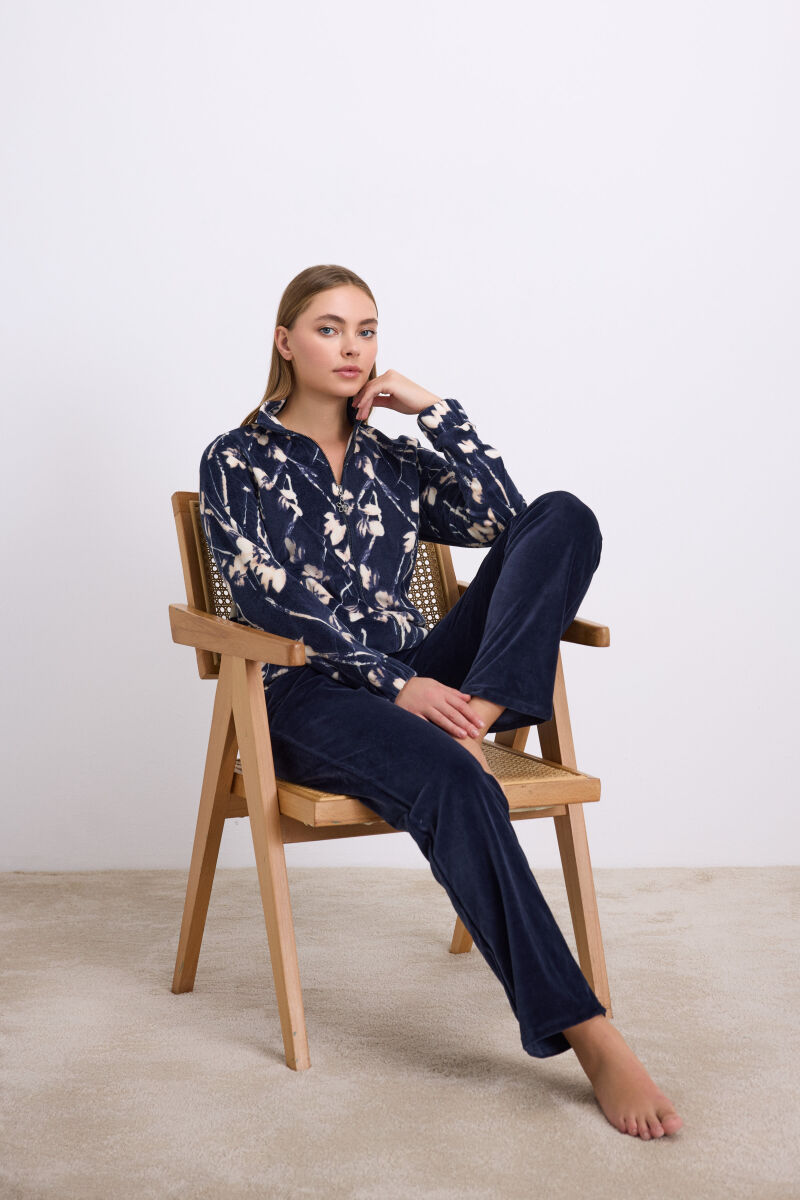 Anemon Kadın Uzun Kollu Çiçek Desenli Fermuarlı Sweatshirt ve Düz Kadife Pantolon Takım 11535 - 6