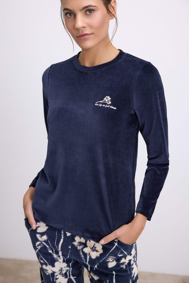 Anil Kadın Uzun Kollu Kadife T-Shirt ve Çiçek Desenli Pantolon Pijama Takımı 11536 - 2