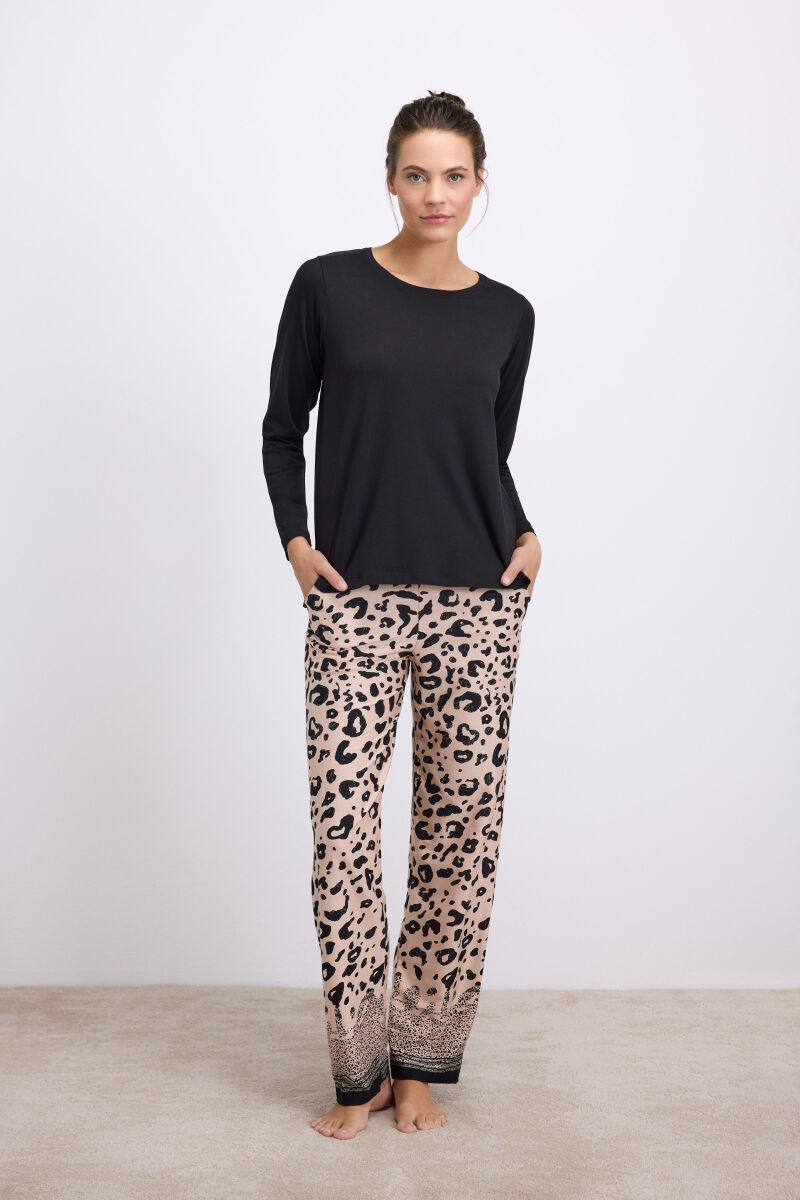 Anıl Kadın Uzun Kollu Leopar Desenli T-Shirt ve Pantolon Pijama Takımı (11538) - 1
