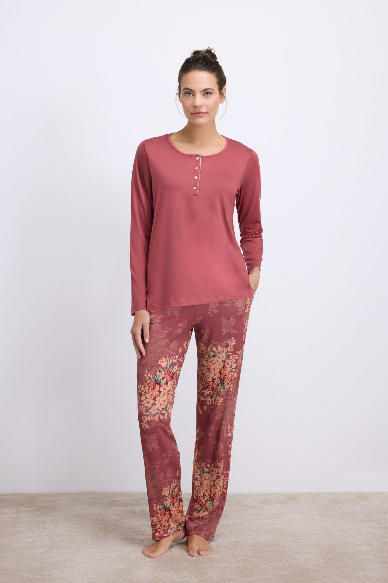 Anıl Kadın Çiçek Desenli Uzun Kollu Viskon Kumaştan T-Shirt ve Pantolon Pijama Takımı (11628) - 1