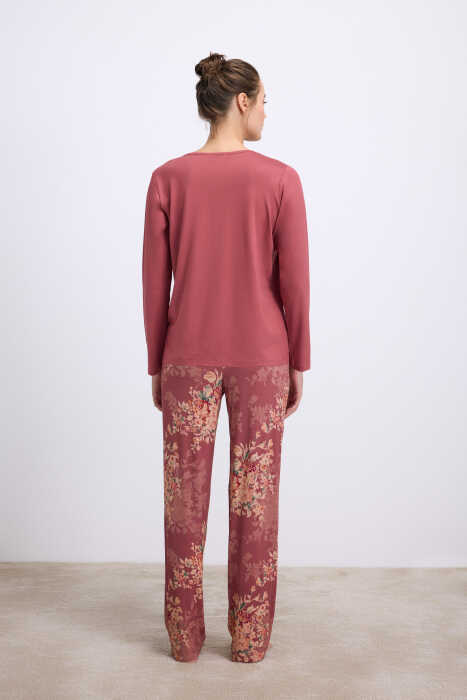 Anıl Kadın Çiçek Desenli Uzun Kollu Viskon Kumaştan T-Shirt ve Pantolon Pijama Takımı (11628) - 3