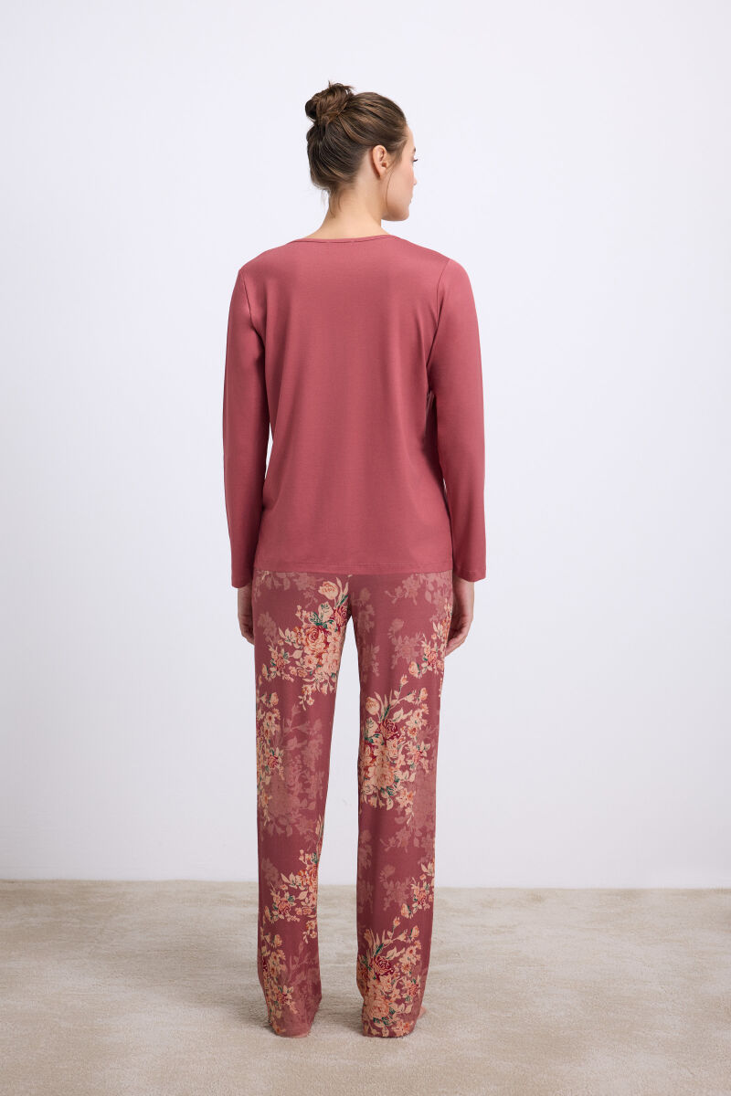 Anıl Kadın Çiçek Desenli Uzun Kollu Viskon Kumaştan T-Shirt ve Pantolon Pijama Takımı (11628) - 3