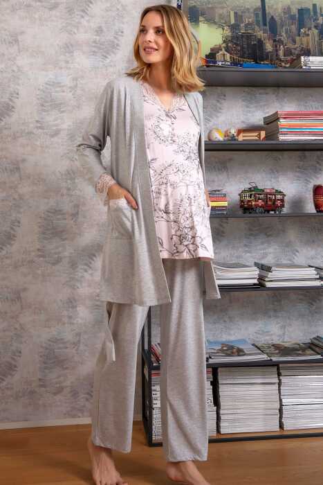 Kadın Viskon Hamile Lohusa Dantelli Sabahlık Çiçek Baskılı Önden Açılan Emzirme T-Shirt ve Pantolon Pijama 3'lü Takım (5543) - 1
