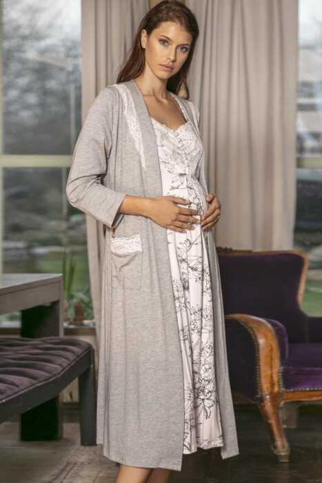 Kadın Viskon Hamile Lohusa Dantelli Sabahlık ve Çiçek Baskılı Önden Açılan Emzirme Uzun Gecelik Elbise Takım (5544) - 3