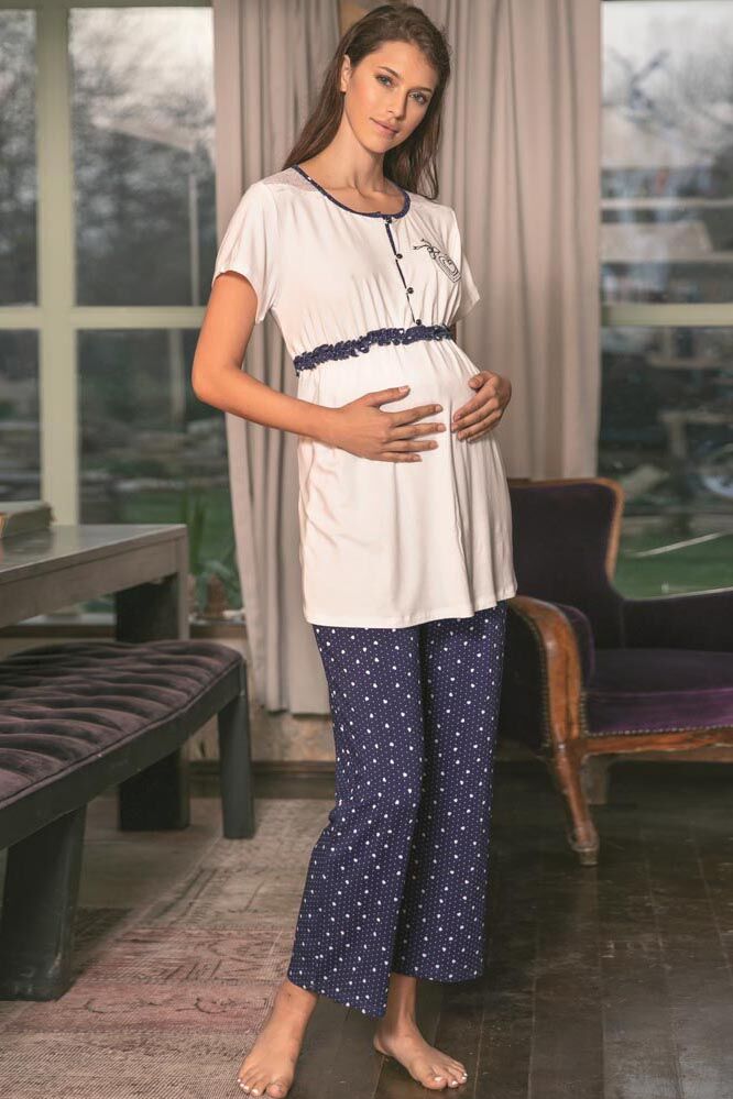 Kadın Viskon Önden Açılan Göğüs İşlemeli Kısa Kol Dantelli Emzirme T-Shirt ve Kalp Baskılı Pantolon Pijama Takım (9661) - 2