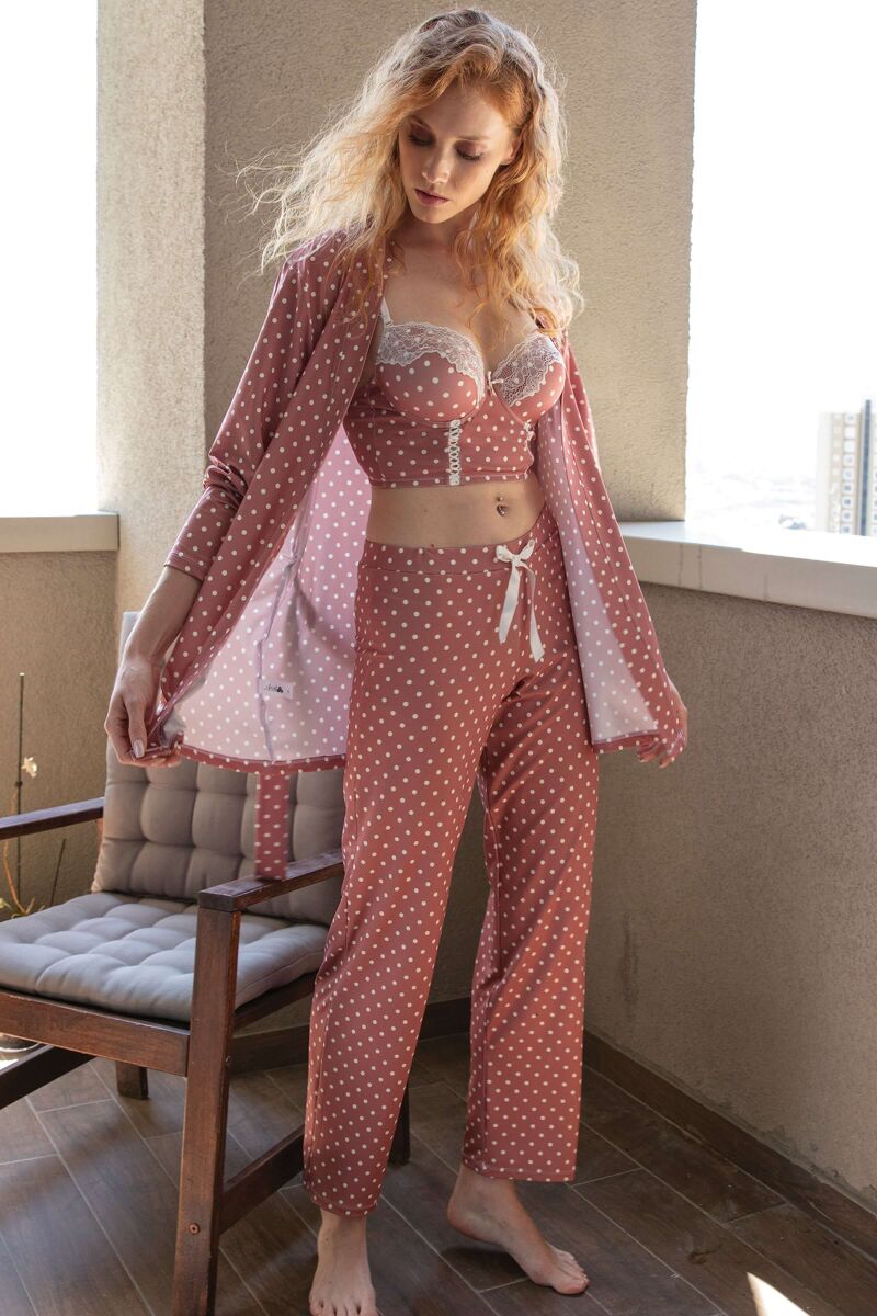 Kadın Viskon Puantiyeli Sabahlık Balenli Destekli Dolgulu Dantelli Büstiyer Sütyen ve Pantolon Pijama 3'lü Takım (5605) - 1