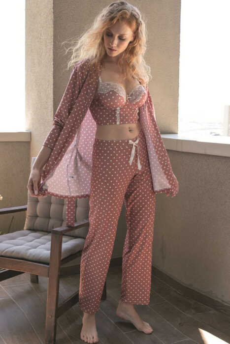 Kadın Viskon Puantiyeli Sabahlık Balenli Destekli Dolgulu Dantelli Büstiyer Sütyen ve Pantolon Pijama 3'lü Takım (5605) - 2